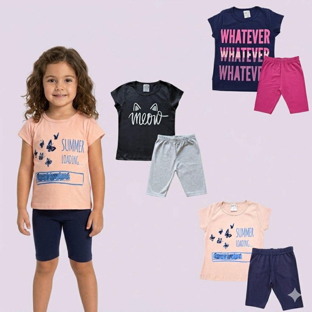 Conjunto Infantil Menina 2 Peças Feminino Blusa E Short Ciclista Com Estampa Tamanho 04 Ao 12