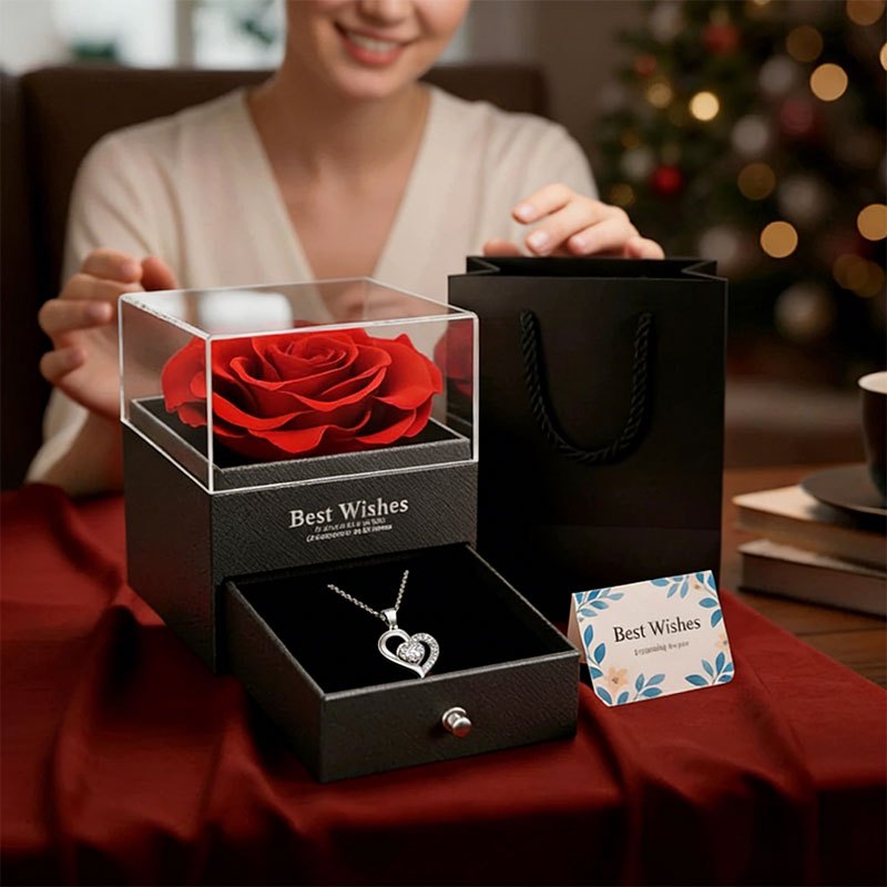 Rosa Eterna Preservada + Colar Feminino "Eu Te Amo em 100 Idiomas" Presente Premium para Mãe, Esposa ou Namorada