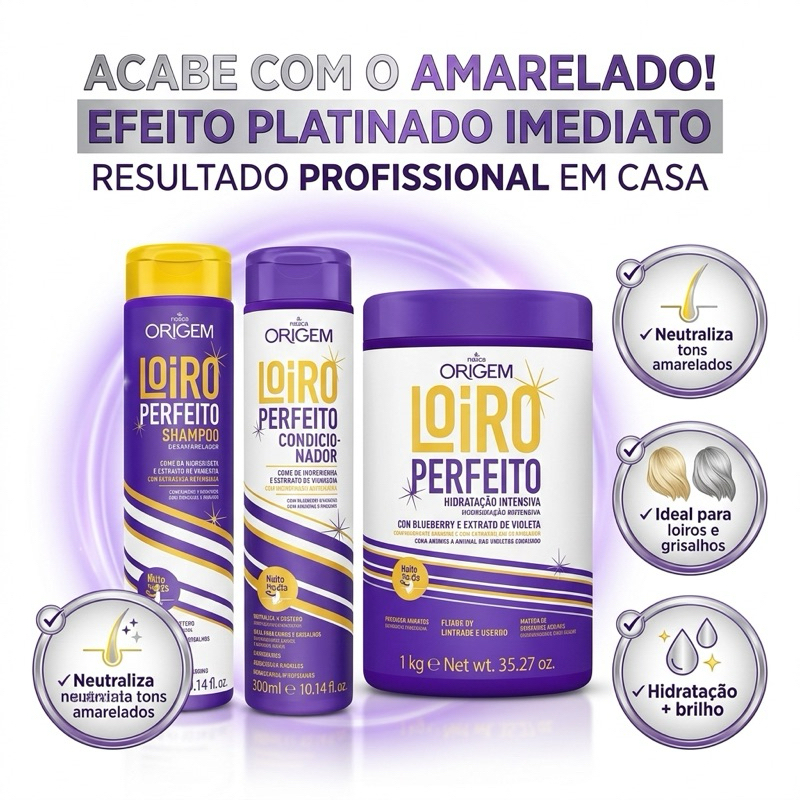 KIT SHAMPOO + CONDICIONADOR | HIDRATAÇÃO INTENSA MATIZANTE LOIRO PERFEITO Origem 300ml em Oferta na Shopee