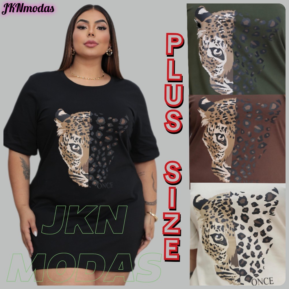 VESTIDO Feminino curto PLUS SIZE Estampa ONÇA CURVE CURVY100% Algodão Manga Curta Moda Gringa em Oferta na Shopee