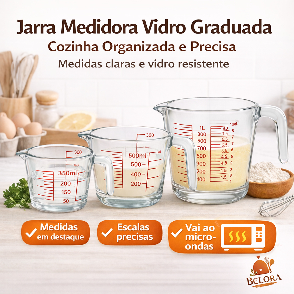 Jarra Medidora Vidro Graduada Cozinha Organizada e Precisa Opção 350ml 500ml 1000ml