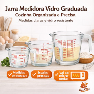 Jarra Medidora Vidro Graduada Cozinha Organizada e Precisa Opção 350ml 500ml 1000ml