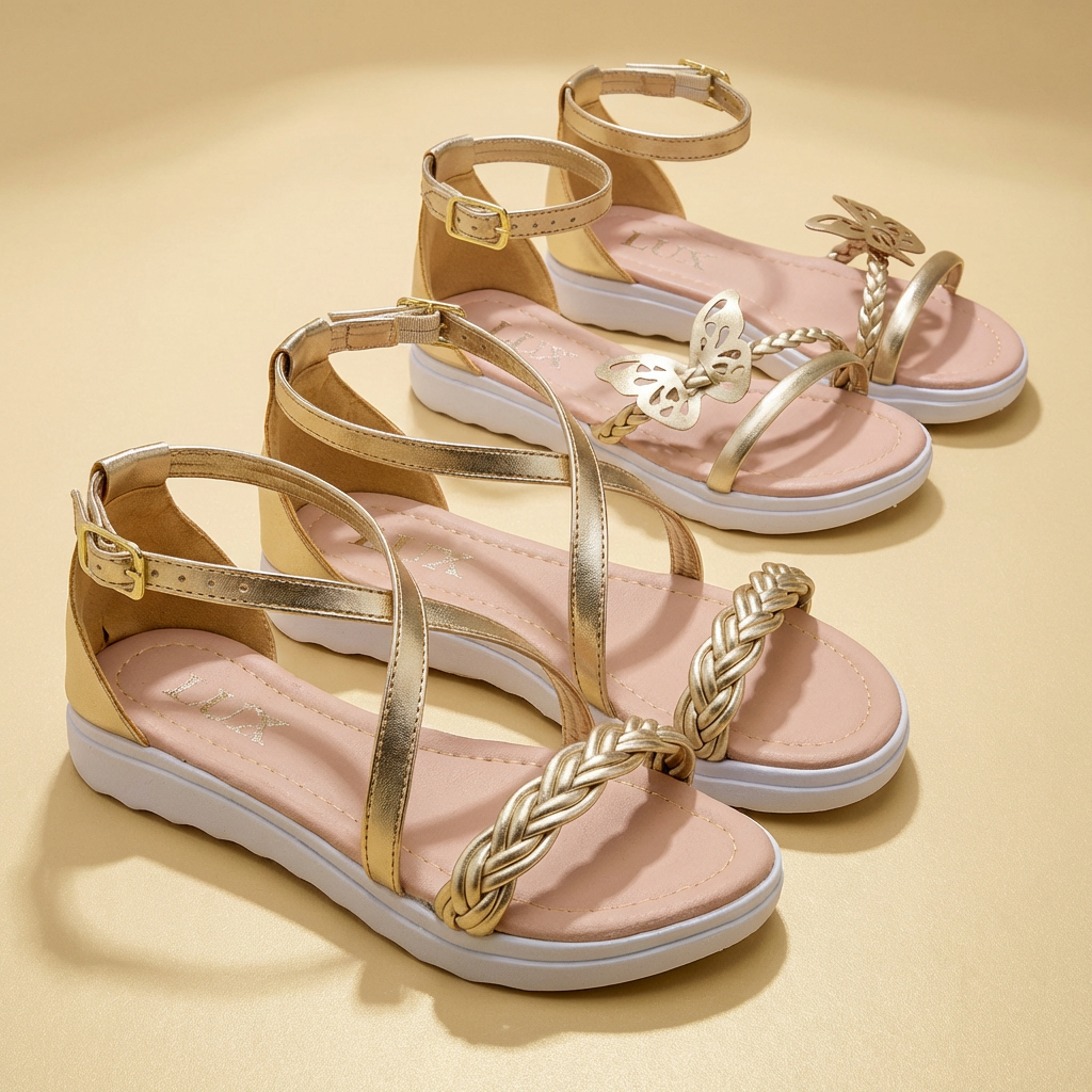 Kit 2 Pares Sandália Infantil Menina Feminina Rasteira 28 ao 36 Dourada Várias Cores Casual Escolar