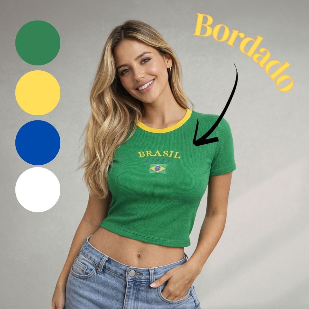 Blusa Feminina Cropped Brasil Canelada Ribana Bordada Copa Futebol