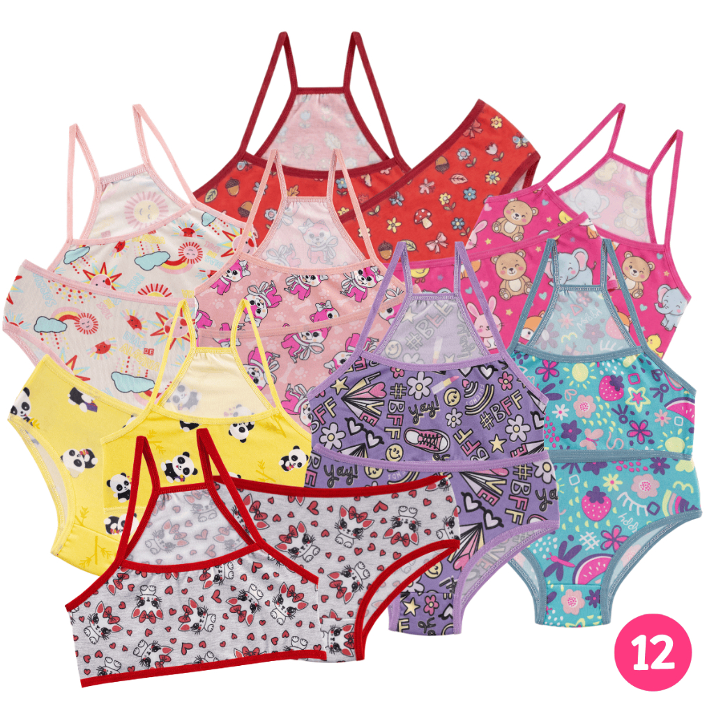 Kit 12 Conjunto Infantil Menina Moça Nadador Estampado Top e Calcinha Microfibra Forro 100% Algodão
