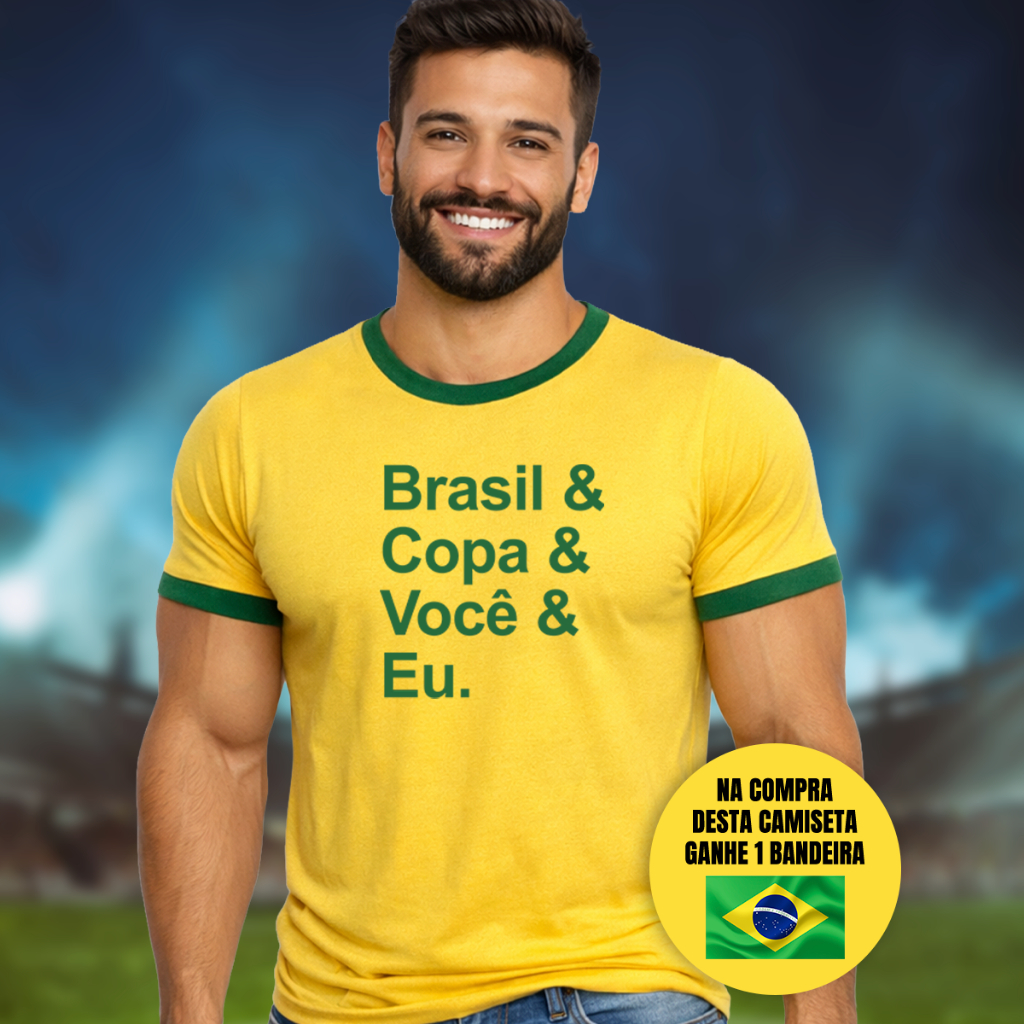 Camiseta Masculina do Brasil Copa do Mundo 2026 + Brinde Bandeira do Brasil