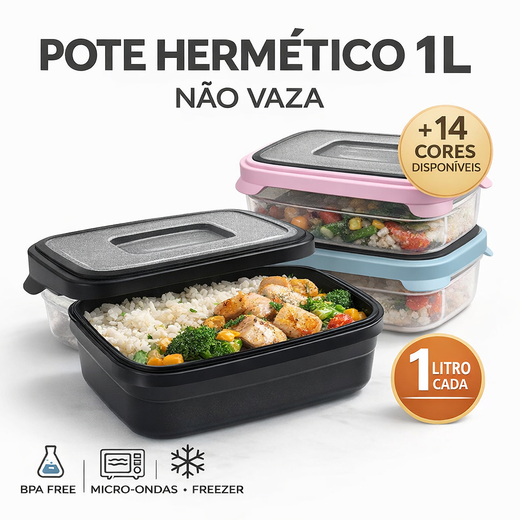 Pote Hermético 1 Litro com Tampa Emborrachada – Não Vaza, BPA Free, Marmita 1L Micro-ondas e Freezer – 14 Cores