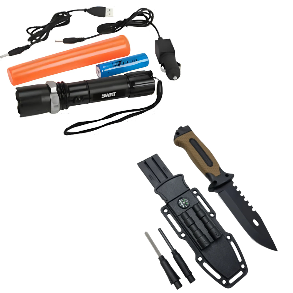 Faca Tatica Militar Para Pesca Selva Bainha com  Bulssola + Lanterna Swat Iluminação