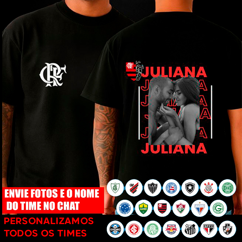 Camiseta Time do Coração Personalizada Casal Foto Nome Preta Presente Namorados