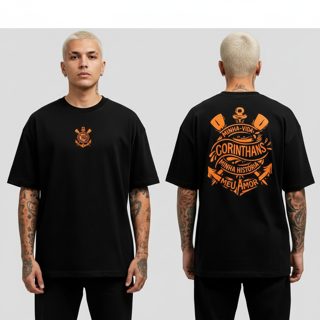 Camiseta Oversized Camisa Corinthians Masculina Minha Vida, Minha História, Meu Amor preta ou branca