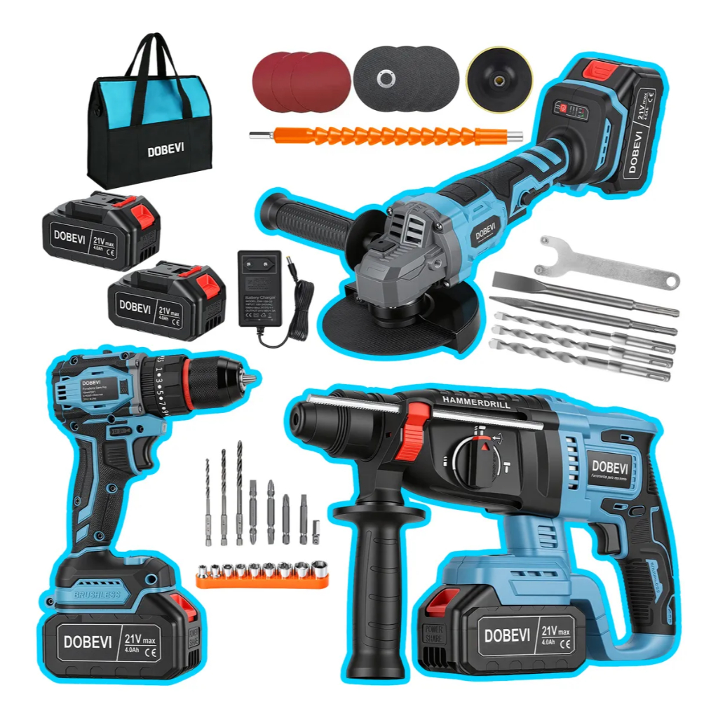 Kit 3 em 1 Ferramentas Elétricas Profissional com Bateria Dobevi – Furadeira, Esmerilhadeira e Parafusadeira de Impacto em Oferta na Shopee