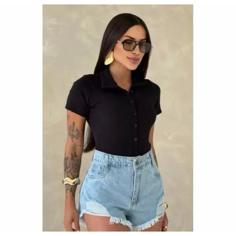 Body Feminina Polo Com Botão Manga Curta Decotado Canelado Confortavel Estiloso