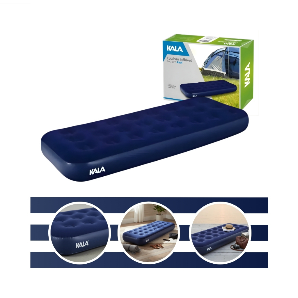 Colchão Inflável Solteiro 191 cm x 73 cm x 22 cm Com Superfície Aveludada Azul Kala