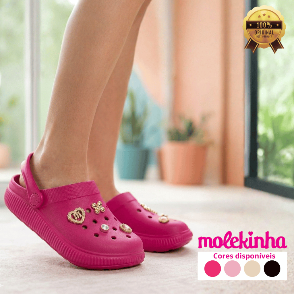 Sandália Molekinha Meninas Clog Colorida com Pins Dourados Metálicos Crianças Babuche Original em Oferta na Shopee