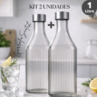 Kit 2 Garrafas de Vidro 1L Água Geladeira Tampa Inox Canelada Scotch Filete Quadrada Hermética em Oferta na Shopee