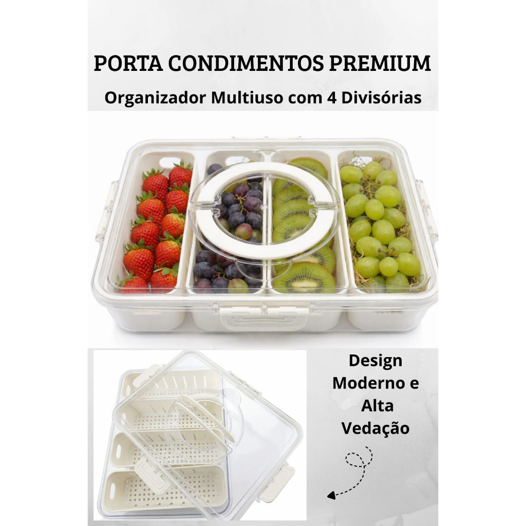 Pote Hermético Organizador de Geladeira em Acrílico com 4 Divisórias e Cesto Removível Multiuso