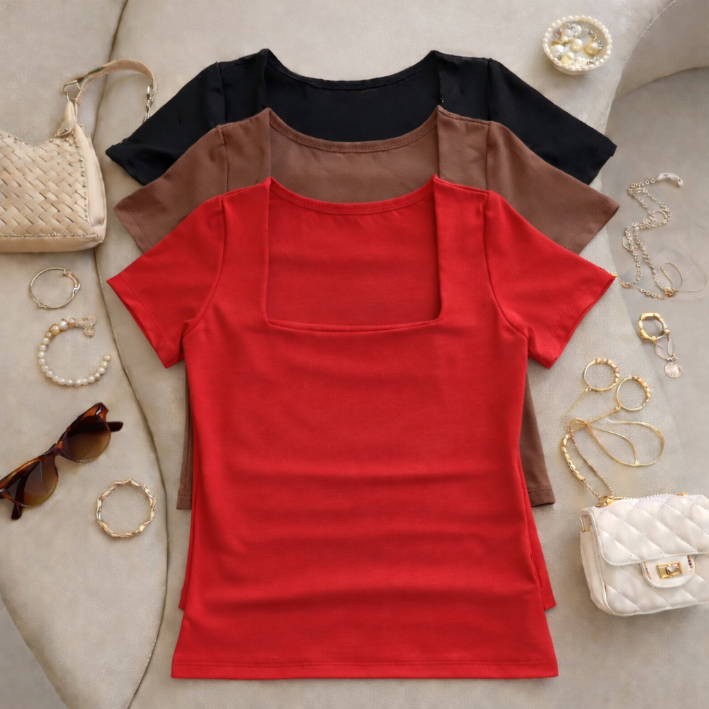 kit 3 Blusas Feminina Baby Look Manga Curta Gola Quadrada Suplex Decote Casual Versátil Blogueira em Oferta na Shopee