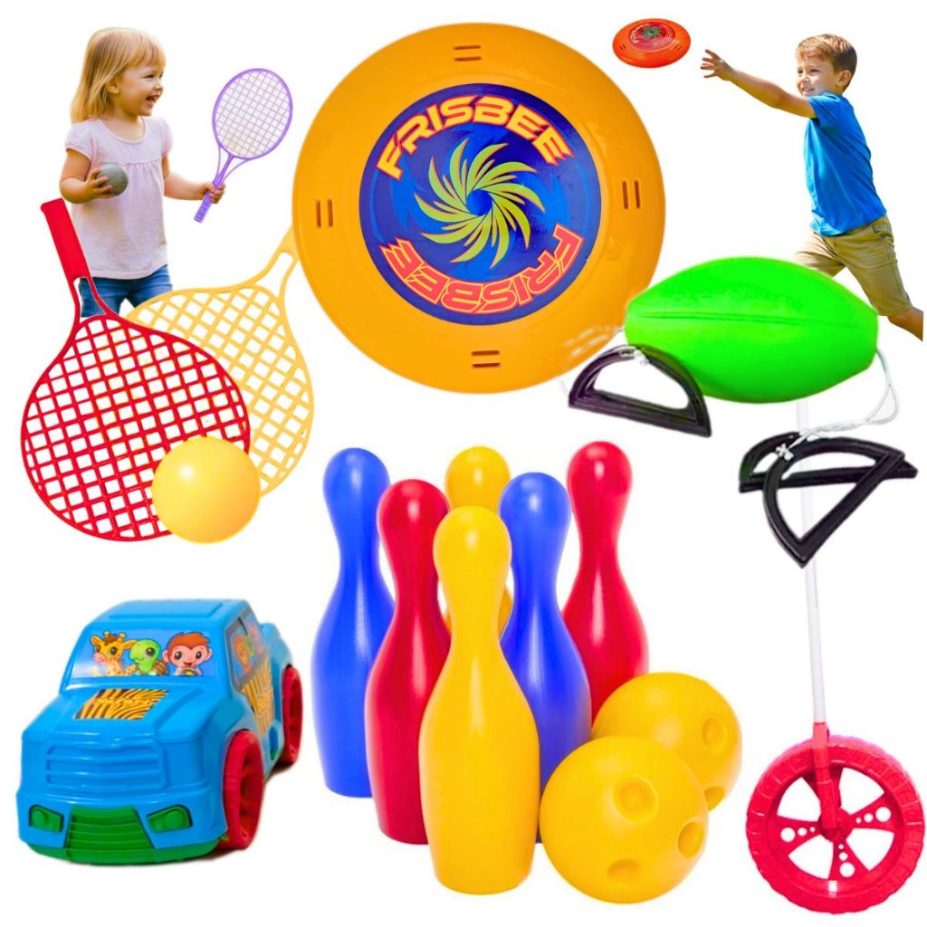 Jogo Boliche Infantil 2 Bolas + Vai Vem + Raquete 6 Peças