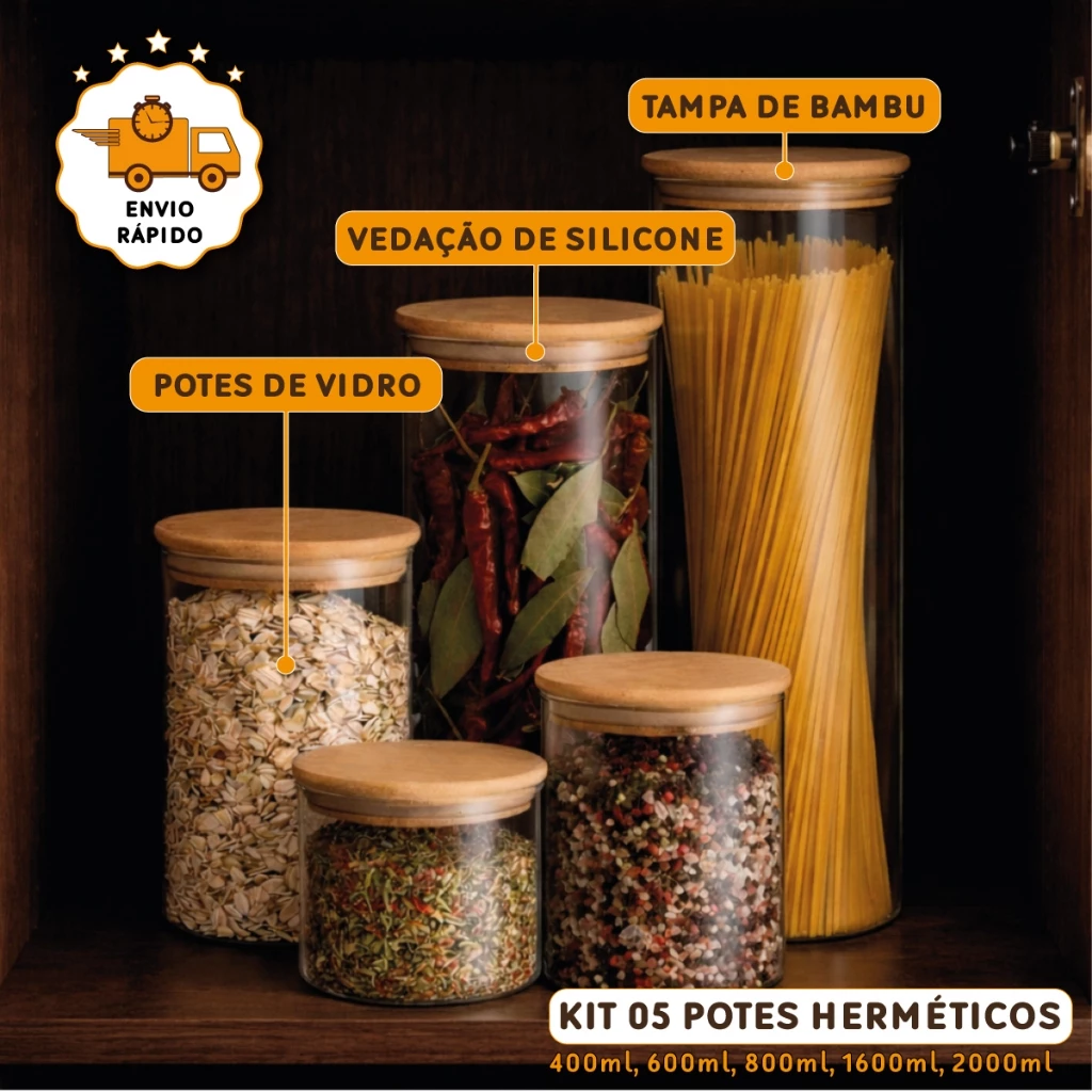 Kit 5 Potes Herméticos Vidro Tampa Bambu Condimentos Organizador Temperos Alimentos Porta Mantimento — imagem 1