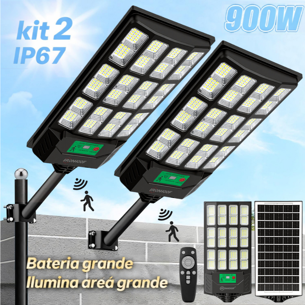 Kit 2 Luminária Solar Externa 900W Luz Solar Iluminação Externa Com Sensor