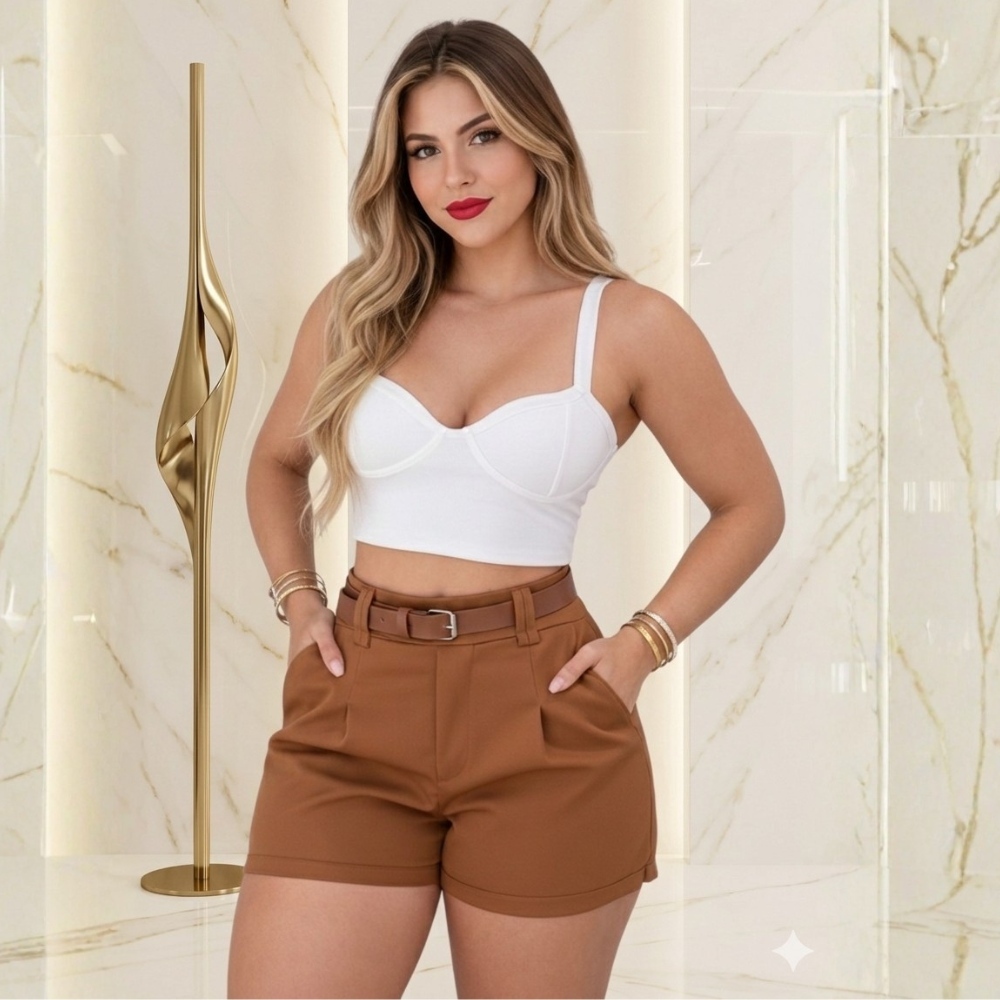 Short Alfaiataria Feminino Cintura Alta com Cinto e Bolso Social Elegante do P ao GG Envio Imediato