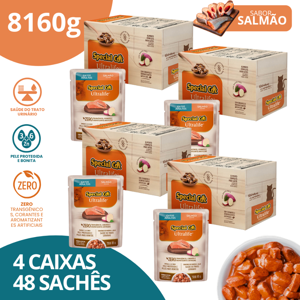 Kit 4 Caixa 12 Sachê Special Cat Ultralife Adultos Sabor Salmão 85g em Oferta na Shopee
