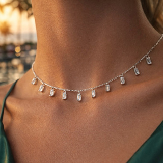 Choker Delicada Pedras Transparentes Penduradas em Prata 925 em Oferta na Shopee