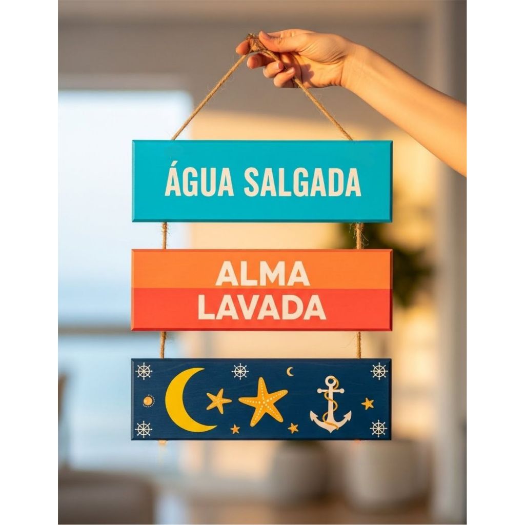 Plaquinha Decorativa Água Salgada Alma Lavada Ancora Estrela do Mar Decoração Praia Litoral