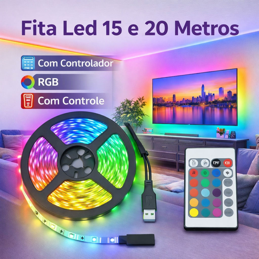 Fita de Led RGB Rolo de 15m/20m USB com Controlador em Oferta na Shopee