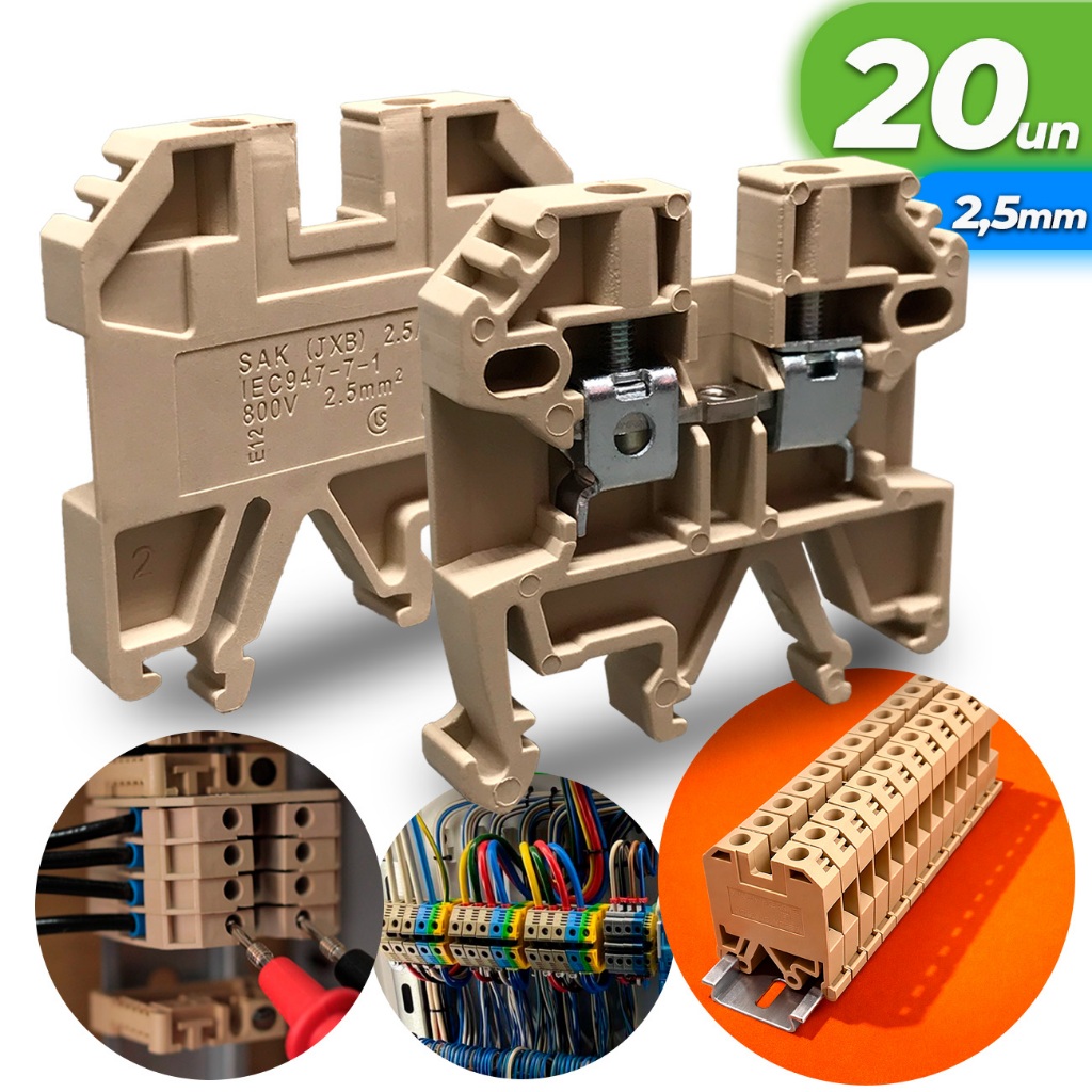Kit 20x Conector Borne Sak 2,5mm Bege Conector Borne de Passagem Elétrico Fixação Trilho Din Atacado