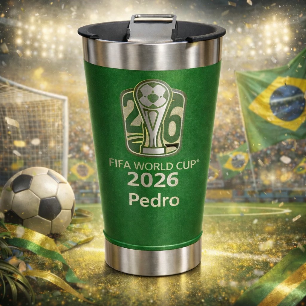 Copo Térmico Personalizado Copa do Mundo 2026 com Seu Nome e Seleção de Futebol, 473ml, Brasil