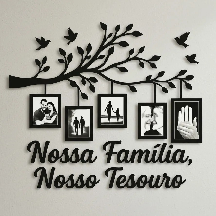 Kit 2 Quadros Decorativo em MDF Árvore com Molduras para Fotos Família Sala Quarto