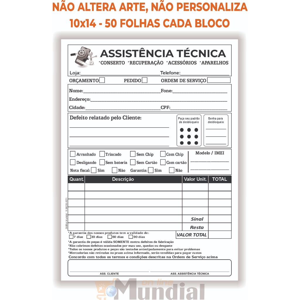 05 Blocos Assistência Conserto Técnico 10x14, 50 folhas cada talão, Orçamento Recibo/Ordem Serviço