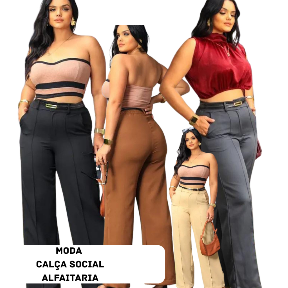 CALÇA PANTALONA FEMININA ALFAITARIA--CINTURA ALTA COM CINTO- O BOTÃO E FORRADO ZIPER FRONTAL ELEGANTE PPI PI MI GI GG.
