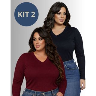 KIT 2 Blusa Plus Size Manga Longa Sueter Gola V Frio Termica Segunda Pele até G4 em Oferta na Shopee
