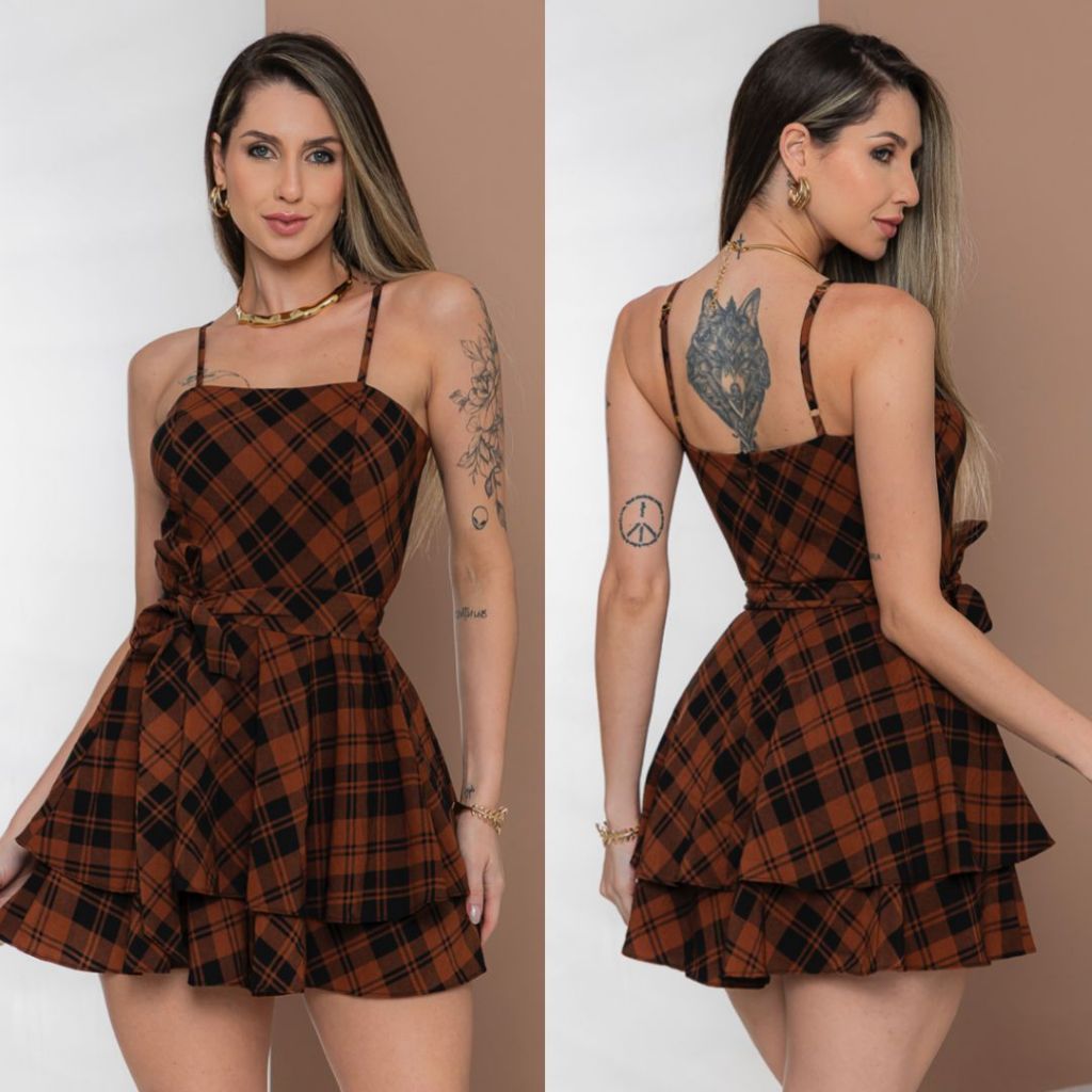 Macaquinho vestido soltinho zíper atrás alça ajustável laço removível Moda Festa Junina Xadrez