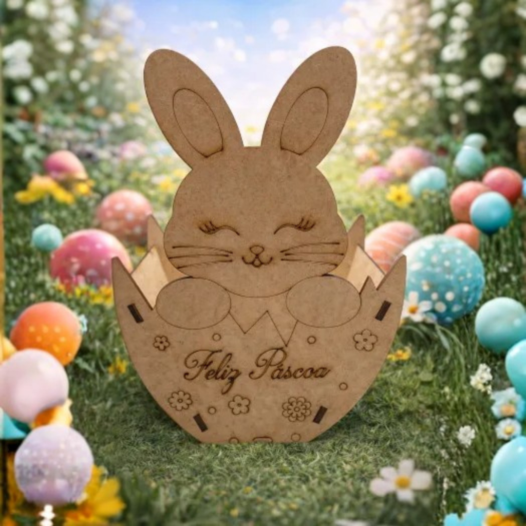 Cesta Caixa Decorativa Coelho da Pascoa Kit com 2 Porta Ovo e Chocolate em MDF 2 unidadeS
