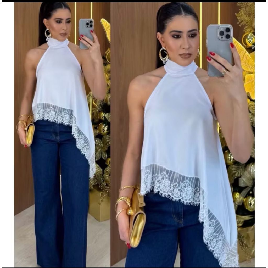 Blusa Feminino Asismetrica  Gola Alta Com  Detalhe  De Renda Nas Ponta em Oferta na Shopee