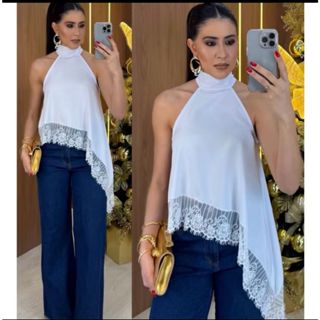Blusa Feminino Asismetrica  Gola Alta Com  Detalhe  De Renda Nas Ponta em Oferta na Shopee