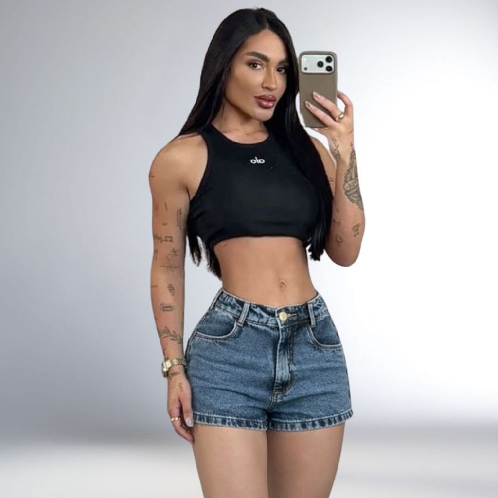 Short Jeans Feminino Cintura Alta Bermuda com Barra Cós Alto Premium Sem Elastano 100%Algodão Marmorizado