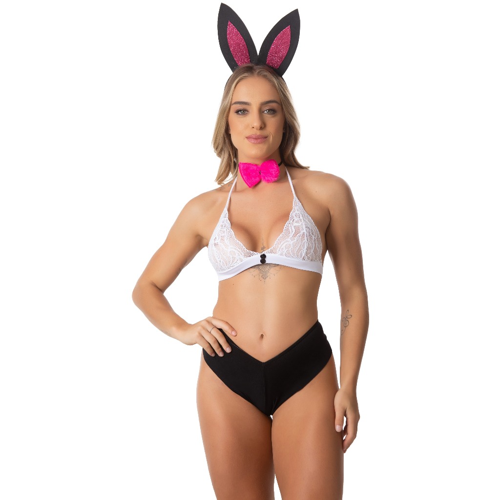 Fantasia Coelhinha Sexy Lingerie Sensual Feminina com Orelha Gravata e Rabinho Conjunto Erótico