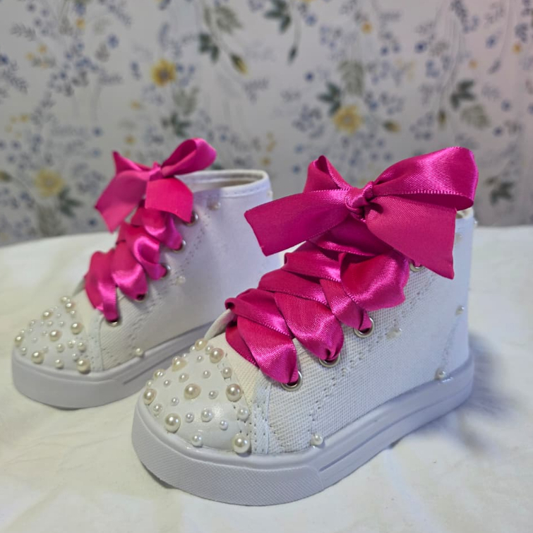 Tênis Infantil Menina Branco Pérolas - Festas, Casamentos, Daminha- Várias Cores de Fita