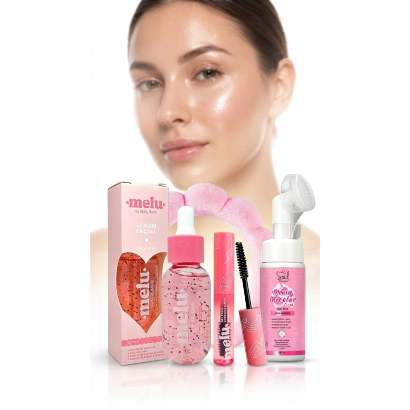 Kit Skincare Ruby Rose Melu Detox + Mousse Micelar Rosa Mosqueta + Gel Sobrancelha + Tiara Spa Facial