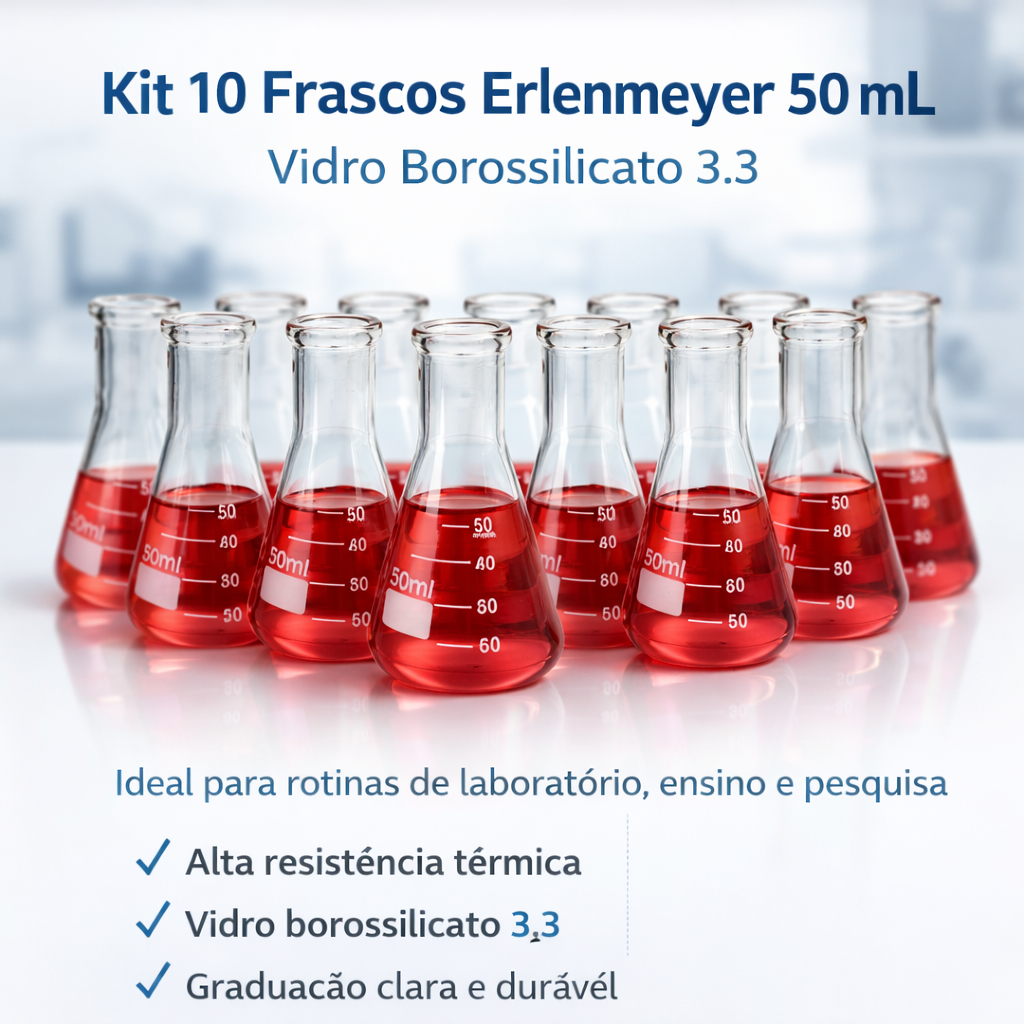 Kit 10 Frascos Erlenmeyer 50 ml Vidro Borossilicato 3.3 Boca Estreita