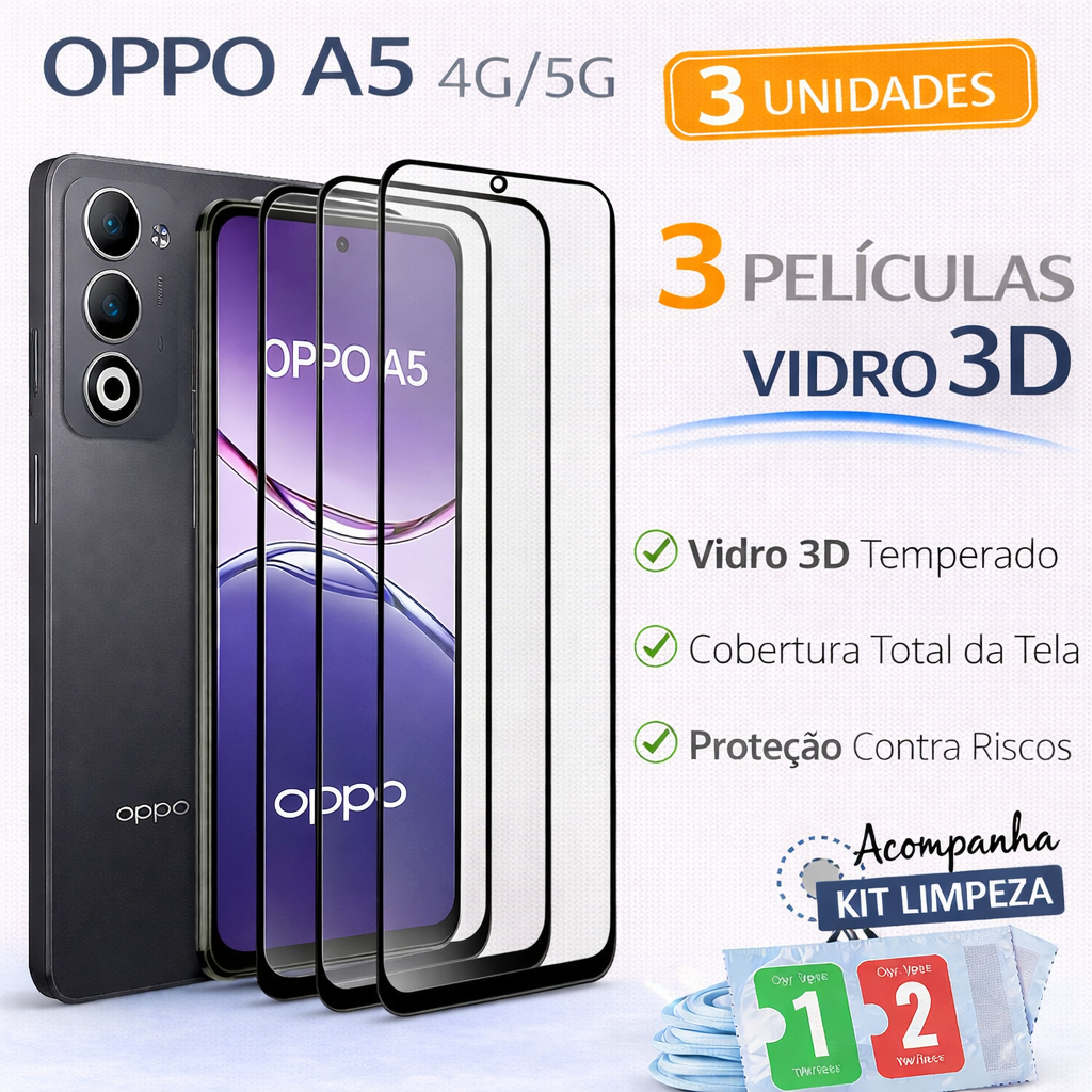 Kit 3 Películas de Vidro 3D Para Oppo A5 4G/5G Acompanha Kit Limpeza