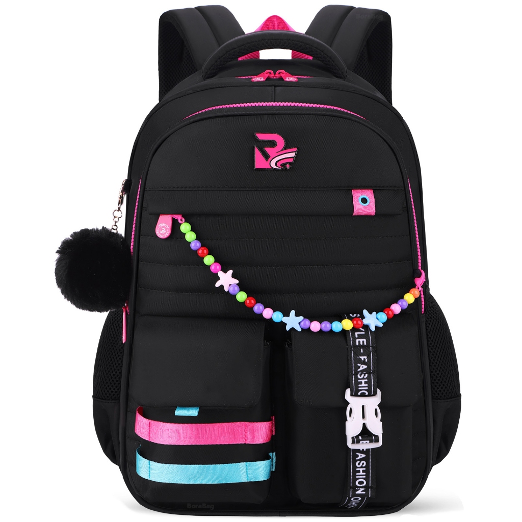Mochila Escolar Feminina Preta Fofa com Pompom, Impermeável, Reforçada e Confortável para escola ou Viagem em Oferta na Shopee