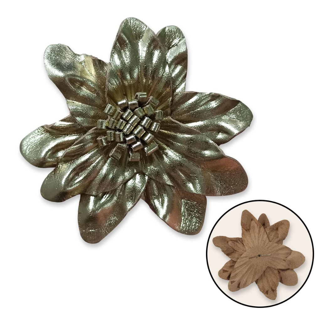 Enfeite Flor Em Couro Legítimo para Artesanato 9cm Pétalas Alongadas - Decoração Moda Personalização Premium Ouro Light