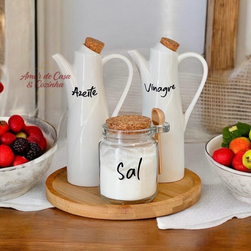 KIT GALHETEIRO DE PORCELANA COM ALÇA SALEIRO E BANDEJA GRANFINE 4 PEÇAS 250ML