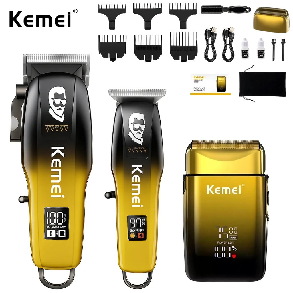 Kit kemei original 03 maquinas profissionais douradas maquina de cortar cabelo + acabamento + shaver