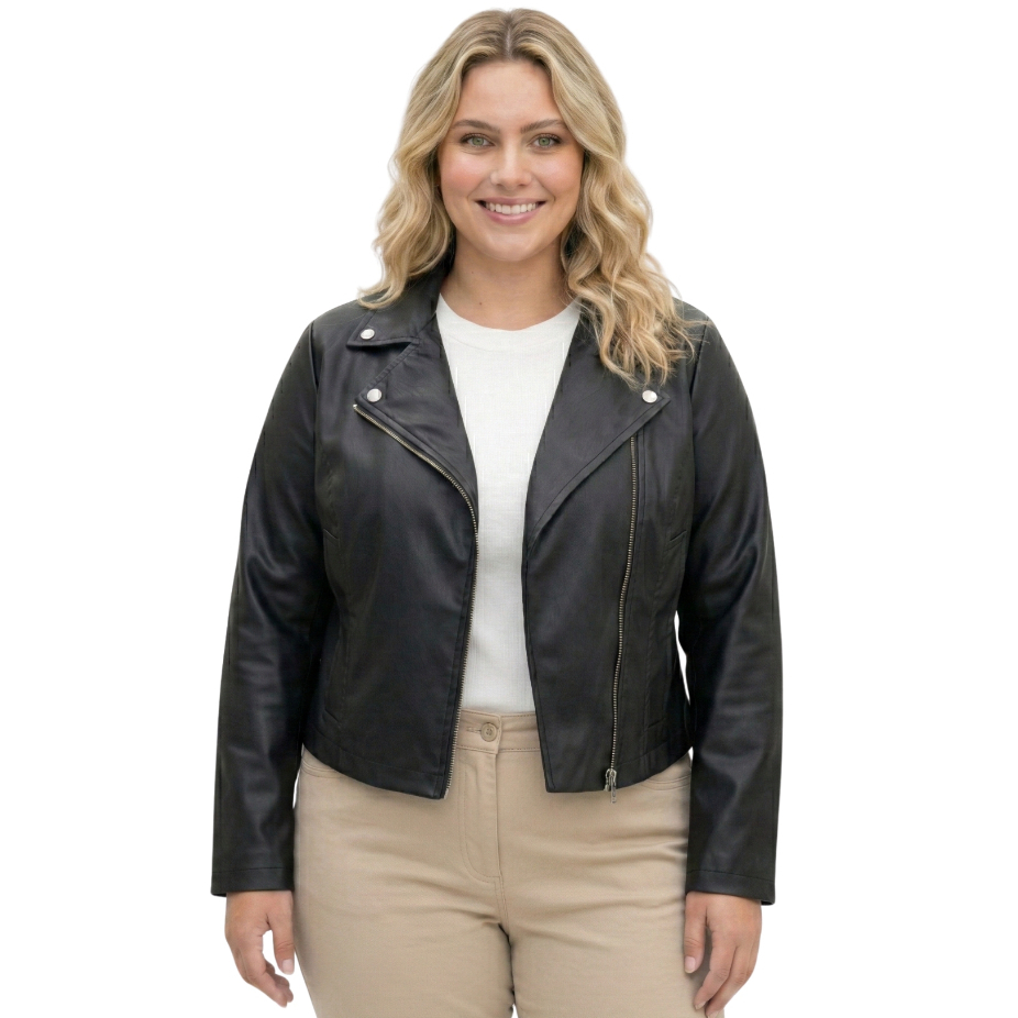Jaqueta Feminina Plus Size Biker Couro Sintético Ziper Transversal G1 G2 G3 Casaco